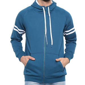 Sweat-shirt de streetwear bleu turquoise premium pour homme |   Veste à fermeture éclair à rayures blanches sur les manches |   Tenue de sport urbaine à capuche pour l'entraînement en salle de sport - Product Image 1