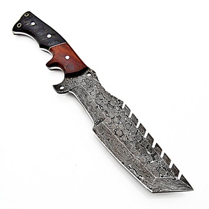 Handmade DIY Damascus Steel Outdoor Knife with Serrated Spine and Wooden Handle with <b>Leather</b> Sheath for Camping Use OEM - Product Image 3
