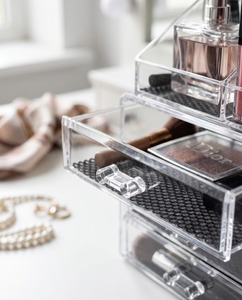 Stylish Modern Acrylic Customizable Multi-Compartment <b>Makeup</b> Organizer Cosmetic Storage Box Easy Assembly Corner Shelf for Neat - Product Image 2
