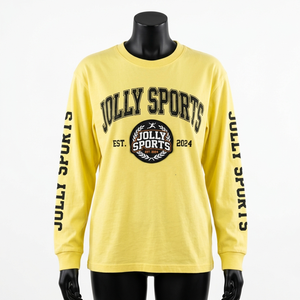 Camiseta de manga larga para mujer de jersey de algodón de alta calidad, transpirable, en tono amarillo, con estampado en relieve, logotipo personalizado, cuello cómodo. - Product Image 6