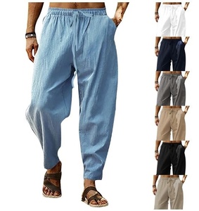 Men's Linen Harem <b>Pants</b> Elastic Waist Drawstring Casual Loose Fit Breathable <b>Summer</b> Trousers With Side Pockets - Product Image 1