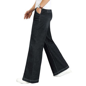 Pantalones Vaqueros Negros de Mezclilla Pesada con Lavado Ácido para Hombre, Nuevo Diseño, Corte Acampanado, Cintura Media, Cierre Elástico - Product Image 4