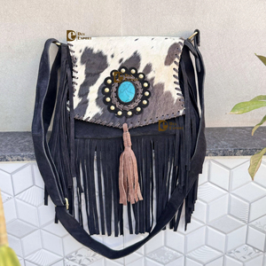 New Arrival Suede Leather Fringe Handbag Western Hair On Hide Cross Body Gems Stone Women Sling <b>Unique</b> Designer Purse - Product Image 1