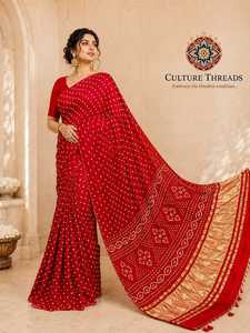 Sari de Seda Gajji Premium con Teñido Bandhani, Sari Bandhej con Pallu Rico, Sari Tradicional de Seda Rajasthani para Mujer - Product Image 2