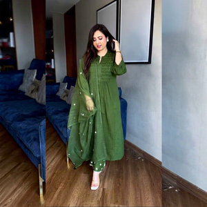 Kurti en coton vert pour femme avec dupatta, coupe ample, pour tenue ethnique traditionnelle, style décontracté Inde Pakistan - Product Image 1