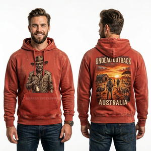 Sudadera con Capucha Roja Personalizada para Hombre, Estilo Acid Wash, Diseño Gráfico Australian Outback, Estilo Vintage, Holgada, Estilo Streetwear - Product Image 1