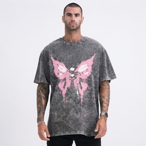 T-shirt vintage délavé à l'acide pour homme, 100 % coton tissé, motif papillon et crâne, manches courtes, col rond, sérigraphie, coupe classique, longueur complète - Product Image 1