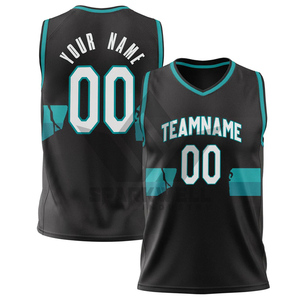 Maillot de basketball personnalisé avec nom d'équipe 00, imprimé par transfert thermique, col en V, maille courte, unisexe adulte, noir et turquoise, respirant, antibactérien - Product Image 3