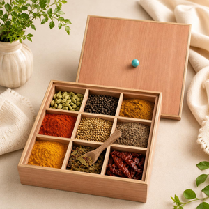 Boîte à épices en bois artisanale avec couvercle et cuillère, organisateur d'épices de cuisine à 9 compartiments, conteneur de rangement pour épices en bois - Product Image 5
