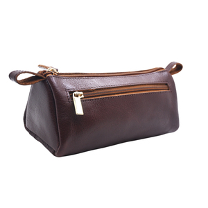 Pochette cosmétique en cuir véritable avec fermeture éclair, unisexe, minimaliste, pour usage quotidien, marron foncé - Product Image 1