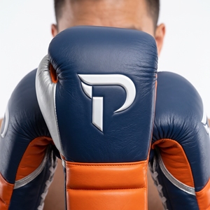 Dumela Leather Boxing <b>Gloves</b> 16 Oz Blue Orange <b>Silver</b> with Logo Design Training Gear - Product Image 6