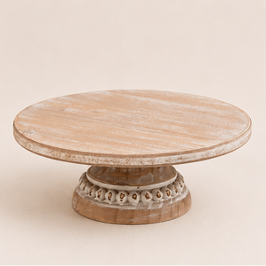 Rustic Farmhouse Whitewashed Wooden <b>Cake</b> <b>Stand</b> Round Pedestal Tray With Vintage Beaded Edge For Wedding Party And Decoration - Product Image 1