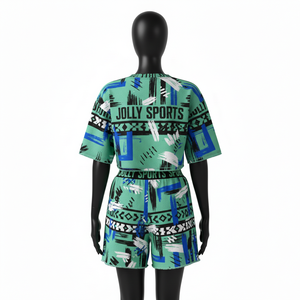 Ensemble Crop Top et Short pour Femmes en Polyester Spandex Extensible Lisse Vert Bleu Sublimation Intégrale Logo 100% Coton Crop Top & Short - Product Image 2