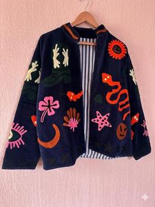 Handmade Suzani Embroidered Eco-Friendly Quilted Cotton <b>Jacket</b> <b>Kantha</b> Stitch Bohemian Floral Pattern Lightweight Stand Collar - Product Image 5