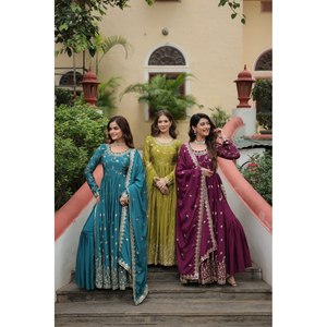 Chiffon <b>Party</b> Wear <b>Top</b>-Bottom and Dupatta Set with <b>Sequins</b> Embroidery Work - Product Image 1