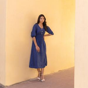 Women Vintage Style Cotton Linen Maxi <b>Dress</b> Short Sleeve V Neck Loose Fit Plain <b>Boho</b> <b>Summer</b> Midi <b>Dress</b> - Product Image 1