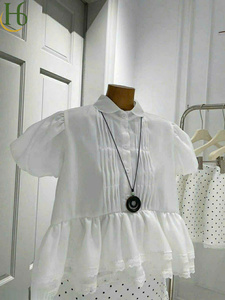 White Doll Top Covered Buttons <b>Pleated</b> <b>Skirt</b> Set Vietnam Sweet Casual Chic Peter Pan Collar Polka Dot Mini Shorts Breathable - Product Image 3