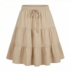 Women <b>Elastic</b> <b>Waist</b> A-Line Mini <b>Skirt</b> With Drawstring Solid Color Casual Style 100% Cotton Woven Fabric - Product Image 1