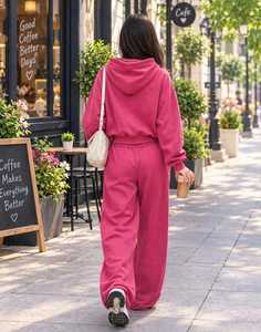 Conjunto de Sudadera con Capucha y Pantalones 2 en 1 de Forro Polar Rosa para Mujer ONETEN, Estampado de Letras de Cereza, Chándal Informal Holgado para Otoño - Product Image 6
