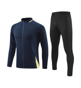 Ensemble de vêtements de sport pour hommes, veste de football bleu marine à fermeture éclair intégrale avec accents jaunes et pantalon à taille élastique noir, toutes saisons - Product Image 1