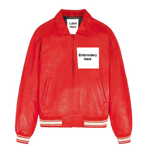 Chaqueta Bomber de Cuero Rojo para Hombre, Estilo Casual, Cuello Alto, Bordado Frontal, Corte Regular, Estilo Invernal - Product Image 1