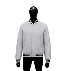 CASUAL LIGHT GREY STREETWEAR VARSITY <b>JACKET</b> FOR <b>MEN</b> <b>White</b> Stitching And Striped Trim Casual Autumn Wear SNAP BUTTON COMFORT FIT - Product Image 1