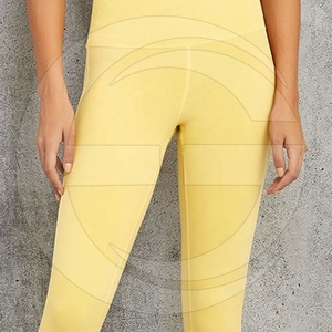 Ensemble de leggings et soutien-gorge de sport sans couture jaune pour femme, col en V, dos nageur, maintien élevé, couleur unie, Spandex Nylon, simple et écologique - Product Image 5