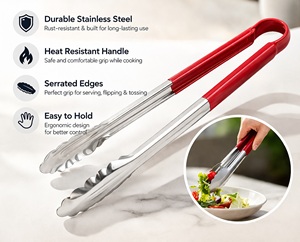 Stainless Steel Kitchen Tongs 30 cm with Heat Resistant Red Handle | Multipurpose Cooking <b>BBQ</b> & Serving Tongs | Durable Handle - Product Image 3