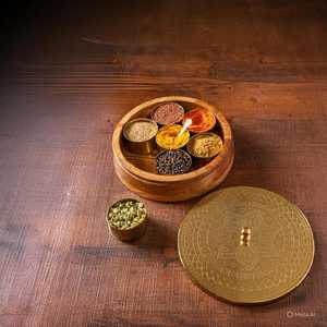 Handmade Wooden Spice <b>Box</b> – Indian Masala Dabba, Table top <b>box</b>, Wooden Spice Acacia Wood Spice <b>Box</b> with Brass Hand Etched Top - Product Image 5