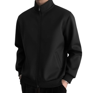 New Design Black Fleece <b>Jackets</b> with Stand Collar Zipper Closure Casual Knitted Polyester Solid Color Regular Fit Autumn Wear - Product Image 1