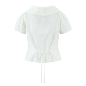 Women’s White Cotton Crop <b>Top</b> Peter Pan Collar Button Up Lace Up Short Sleeve Casual Summer Fashion Tee - Product Image 2