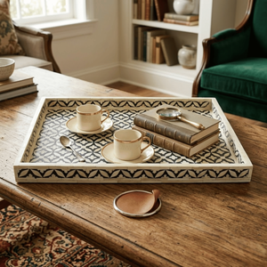 Rectangular Bone Inlay Ottoman <b>Tray</b> with Handles | <b>Large</b> Serving <b>Tray</b> for Coffee Table | Farmhouse Decor | Tea Cocktail <b>Tray</b> - Product Image 3