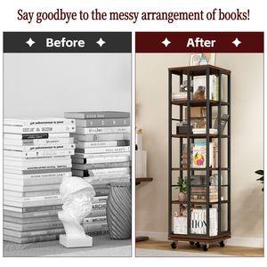 5 Tiers 360 Display Wood Rotating Bookshelf Corner Bookcase <b>Rustic</b> Narrow <b>Shelf</b> Floor Standing Bookcase Display Bookshelves - Product Image 5