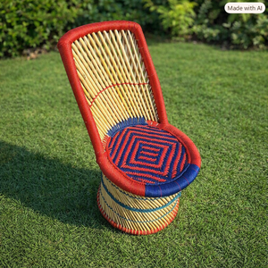 Chaise de salle à manger moderne et écologique en bambou et rotin, siège rembourré durable, design rouge/bleu, multifonctionnelle pour appartement - Product Image 2