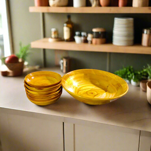 Ensemble de bols en bois faits à la main, finition jaune, 6 petits bols, 1 grand bol, vaisselle de cuisine et de salle à manger - Product Image 5