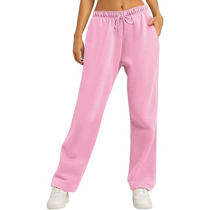 Pantalon de survêtement ample en molleton uni pour femme, taille basse, avec cordon élastique, ourlet ouvert, jambe large, décontracté - Product Image 1