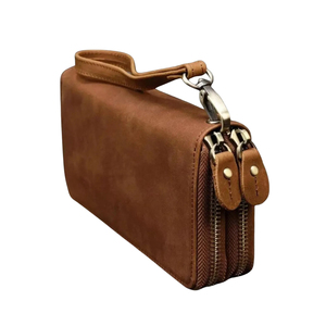 Portefeuille long en daim avec fermeture éclair, style vintage, unisexe, en cuir marron, multifonctionnel pour un usage quotidien - Product Image 1