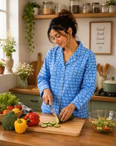 Soft 100% Cotton Woven Floral Print Blue <b>Pyjama</b> Set <b>for</b> Women | Luxury Hand Block Print Nightwear | Button Sleepwear Loungewear - Product Image 4