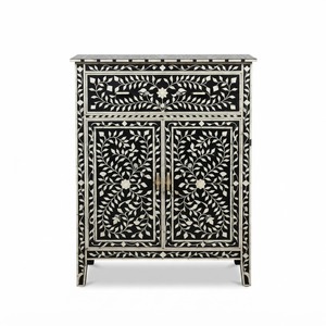 Table de chevet noire en os incrusté, motif floral, 2 tiroirs, table de nuit pour chambre à coucher, table d'appoint personnalisée en nacre, vente en gros - Product Image 6
