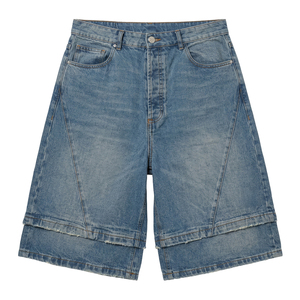 Shorts en jean 3/4 streetwear pour homme, taille haute, coupe large, en denim délavé, style décontracté d'été, bords bruts, poches - Product Image 1