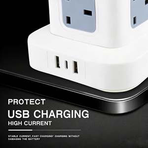 Enchufe múltiple vertical de alta calidad con protección contra sobrecargas y sobretensiones, con USB, para uso en oficina y hogar, con enchufe tipo UK. - Product Image 3