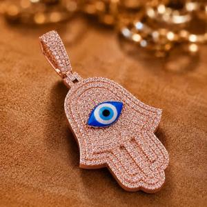 Pendentif Hamsa Œil Bleu Diamanté, Bijoux Hip Hop, Collier Hamsa, Charme de Protection Spirituelle, Cadeau de Luxe - Product Image 4