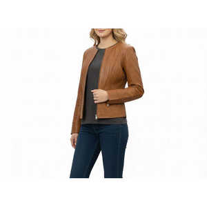 Chaqueta de Cuero Vacuno Color Bronceado para Mujer, Talla XS, Cuello Redondo Minimalista, Manga Larga, para Otoño - Product Image 2