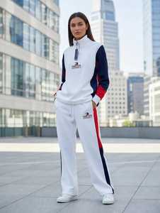 <b>Women's</b> <b>White</b> Color Block 2 in 1 Sporty Loose Fit Half Zip Top Full Length <b>Joggers</b> Tracksuit Set - Product Image 4