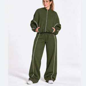 <b>Women</b> Contrastline Zipper Tracksuit Casual Two Piece Set Relaxed Fit <b>Jacket</b> And Wide Leg Pants Matching Outfit Wholesale Apparel - Product Image 1