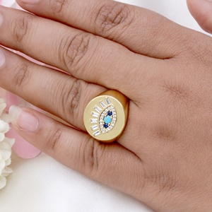 Anillo de cúpula de plata de ley 925 chapado en oro amarillo con turquesa y circonita cúbica de corte baguette, diseño de ojo turco, Memoria Jewels, al por mayor - Product Image 5
