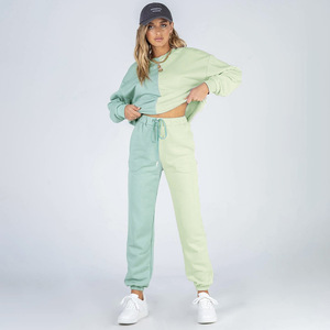 Conjunto Deportivo de 2 Piezas para Mujer, Color Block, Top Corto de Manga Larga, Pantalones Jogger, Corte Holgado Informal, Primavera Verano, Tejido de Algodón - Product Image 1