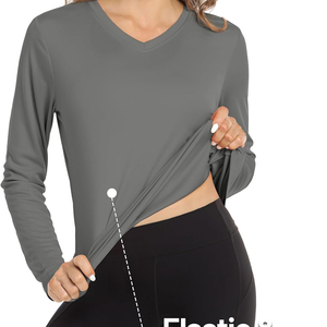 Camisetas de Manga Larga para Mujer, Cuello en V, Color Sólido, Corte Regular, Tejido Jersey de Secado Rápido, Ropa Casual para Todas las Temporadas - Product Image 5