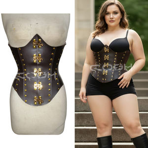 Corsé de cuero genuino marrón oscuro estilo Steampunk con cierre de gancho dorado y detalles de tachuelas - Product Image 2