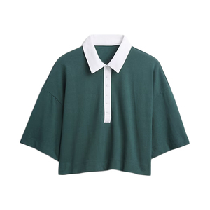 เสื้อโปโลผู้หญิงลายทาง แขนสามส่วน ทรงหลวม สวมใส่สบายๆ สำหรับฤดูใบไม้ผลิและฤดูร้อน สีเหลืองดำ ทอลายบล็อกสี - Product Image 2